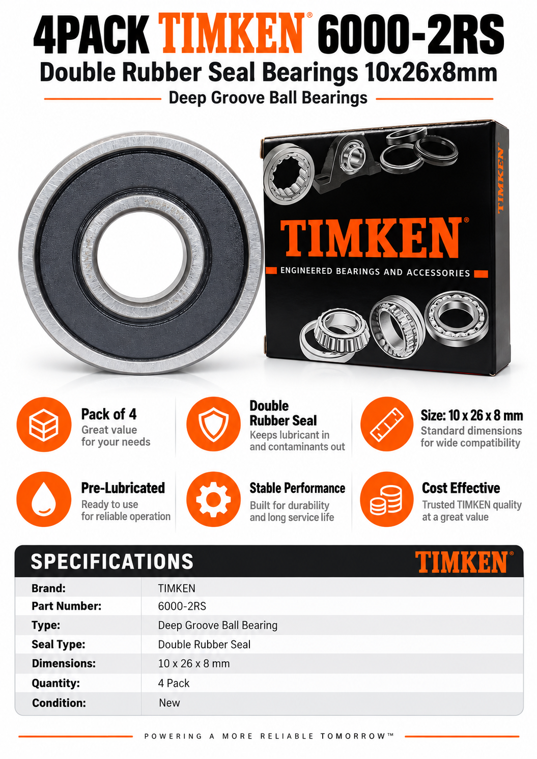 TIMKEN 6000-2RS Double Rubber Seal Bearings — 10x26x8 mm (Pack of 4)