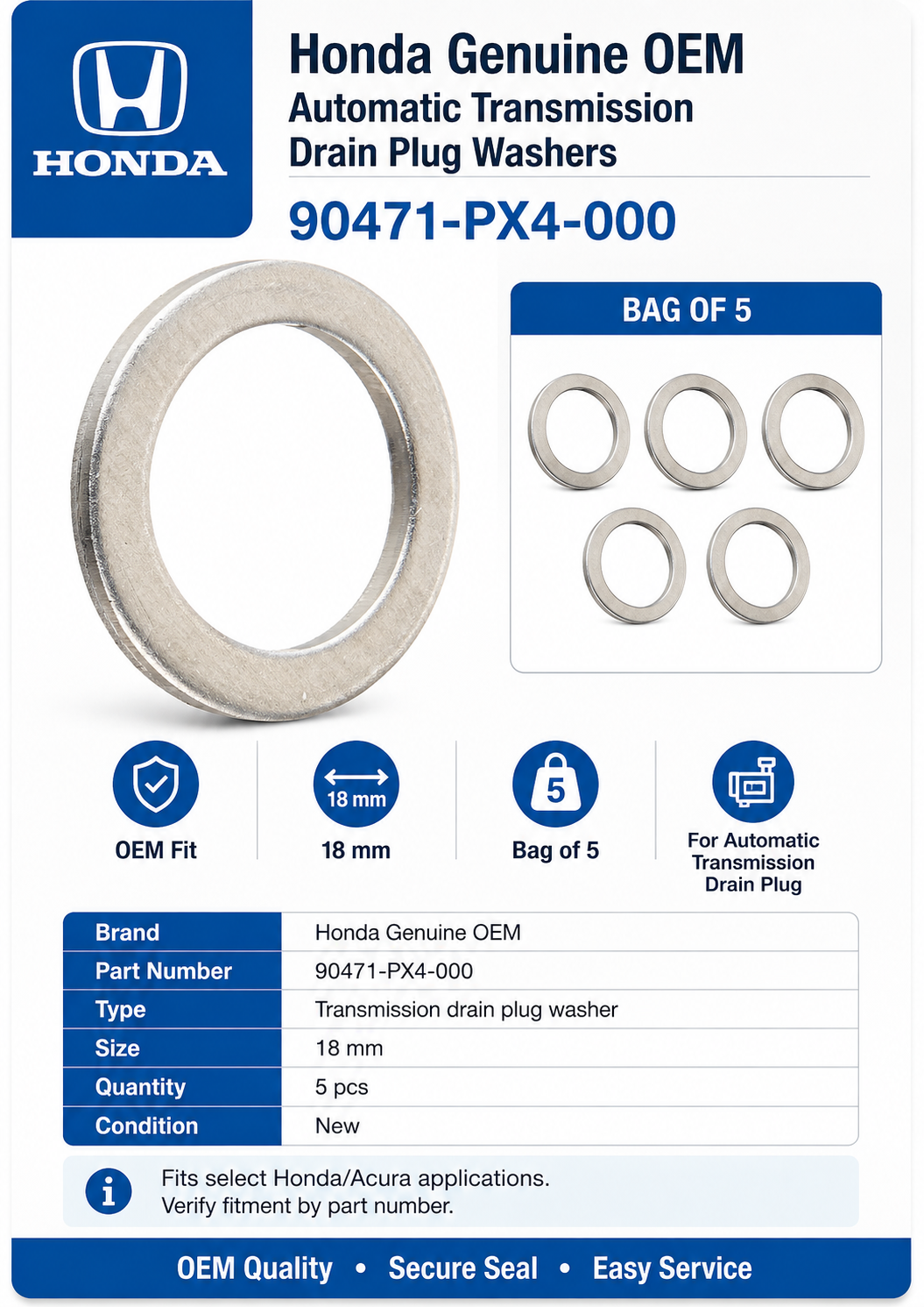 Honda Genuine OEM Automatic Transmission Drain Plug Washers (18mm), Bag of 5-90471-PX4-000