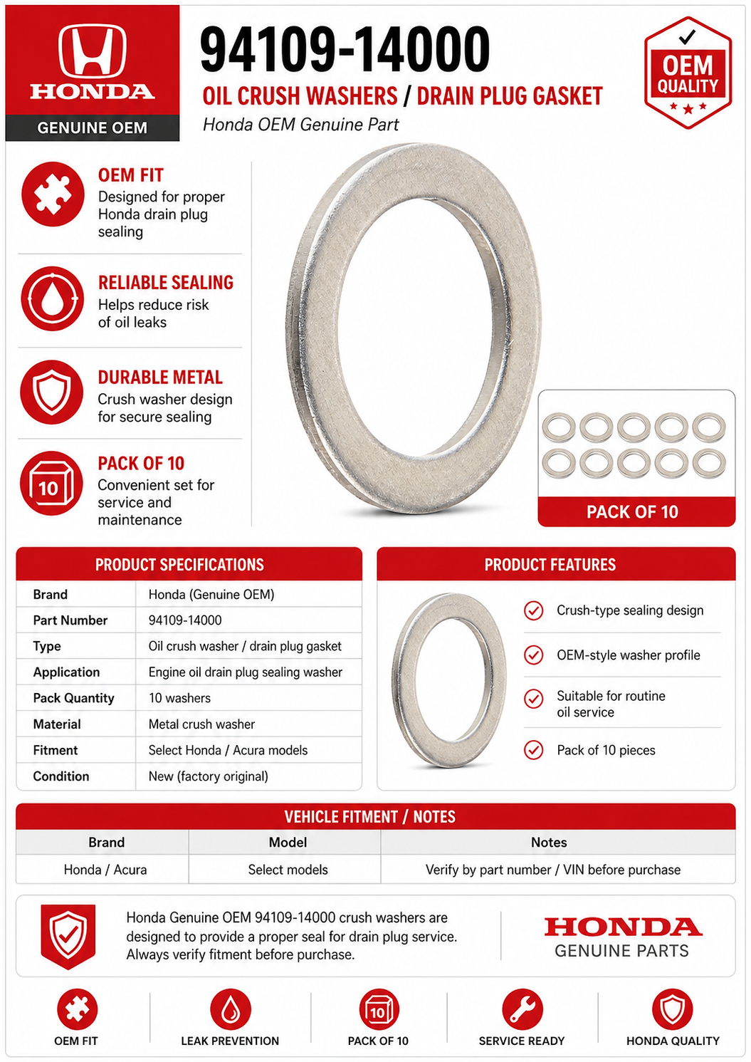 Honda OEM 94109-14000 Oil Crush Washers/Drain Plug Gasket (10)
