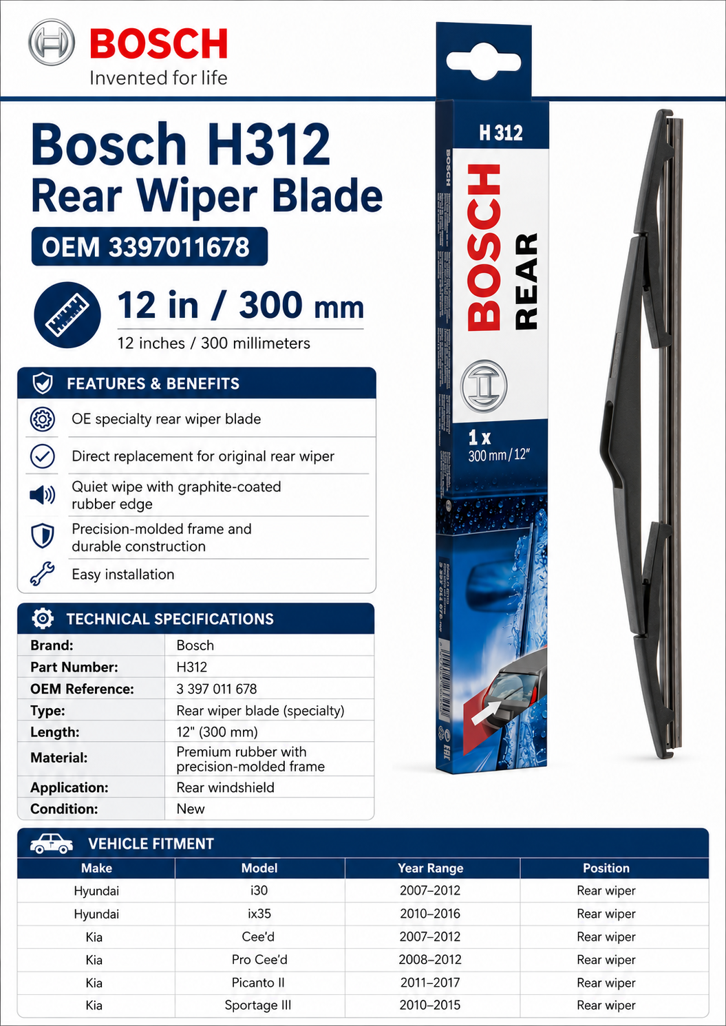 Bosch H312 Wiper Blade — 12" (Single) | OEM 3397011678
