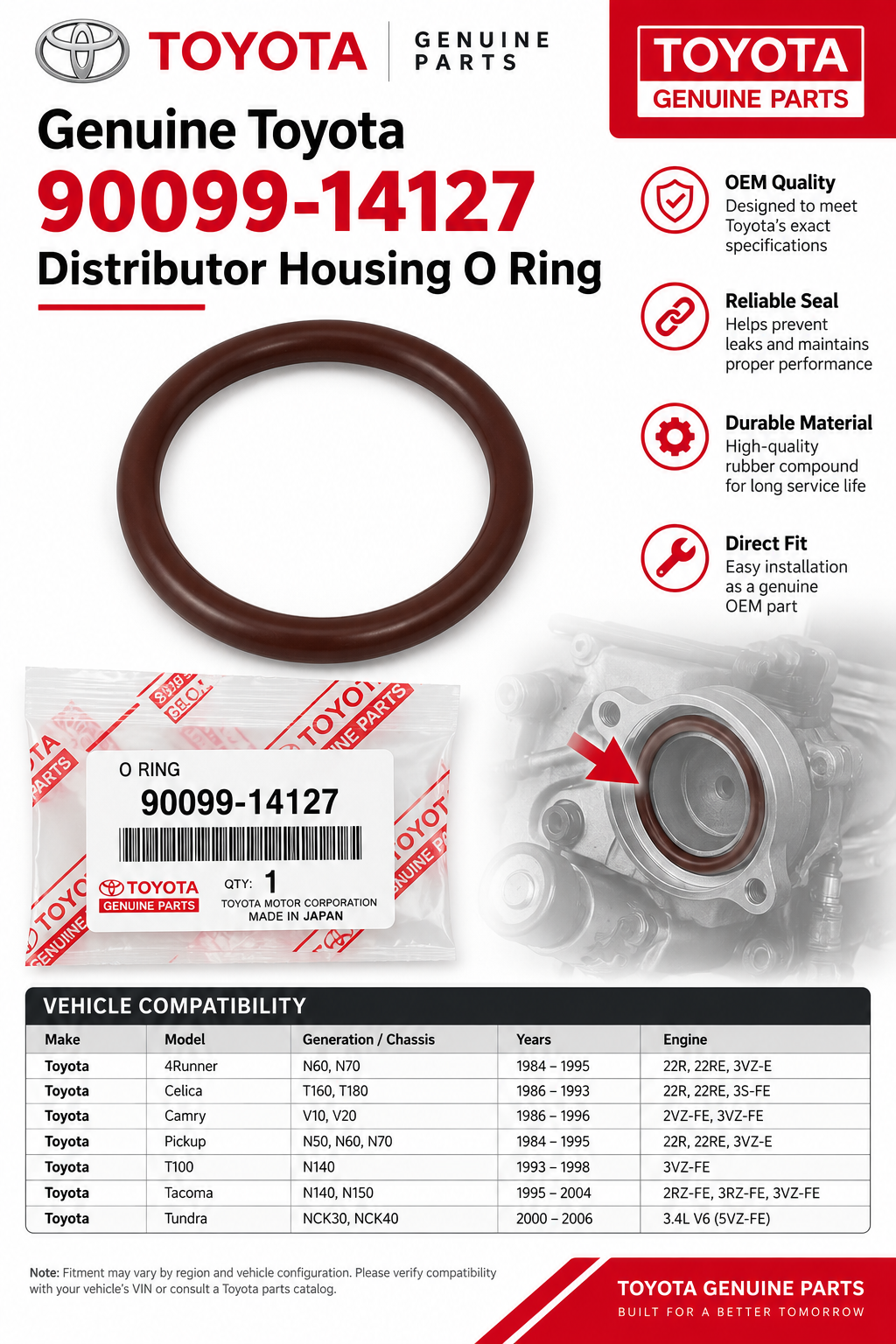 Toyota 90099-14127 Genuine Distributor Housing O Ring