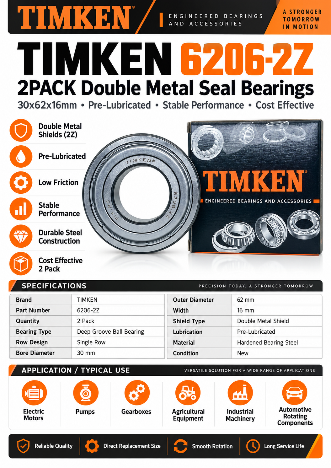 TIMKEN 6206-2Z Double Metal Seal Bearings
