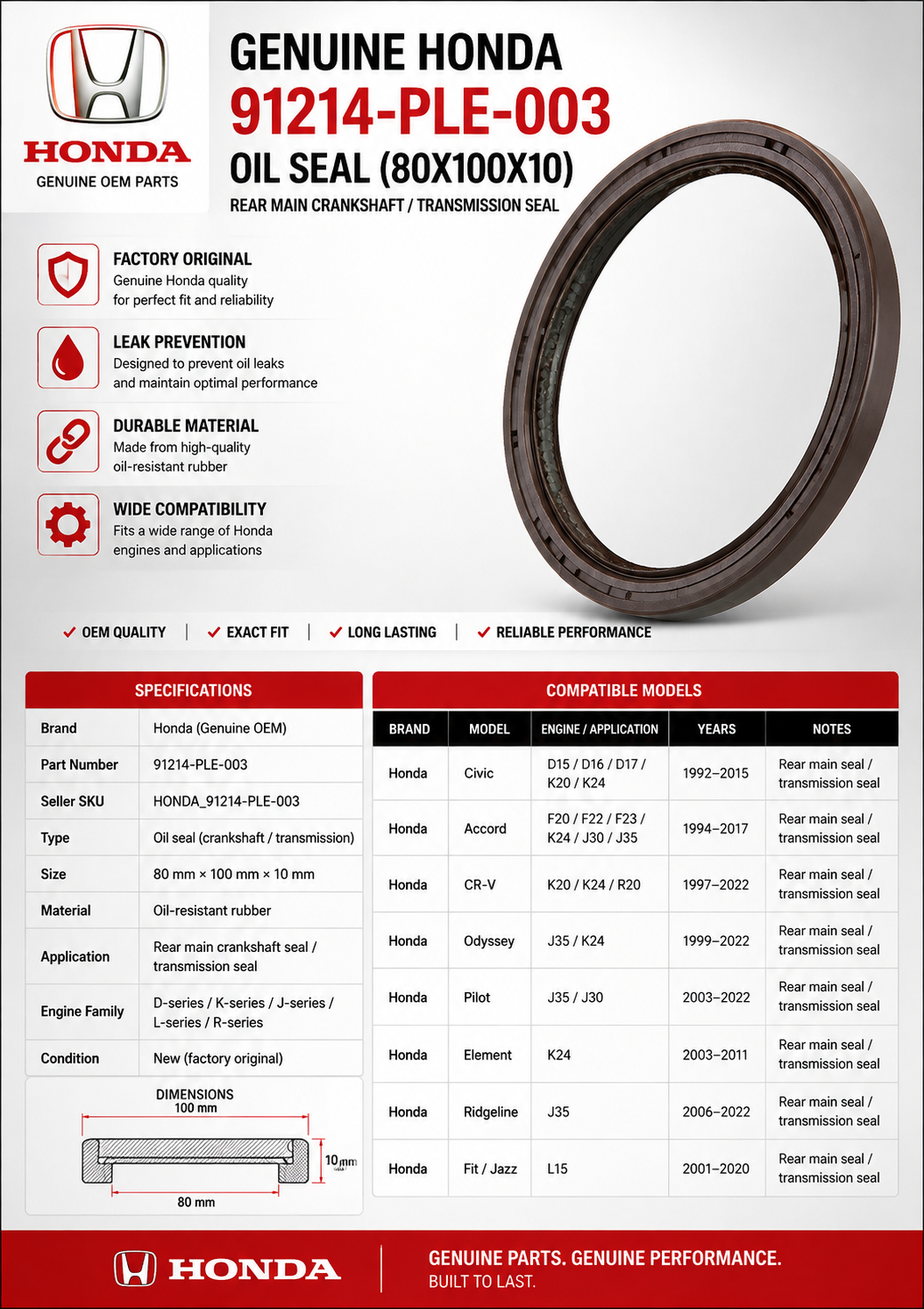 Honda 91214-PLE-003 Genuine Oil Seal