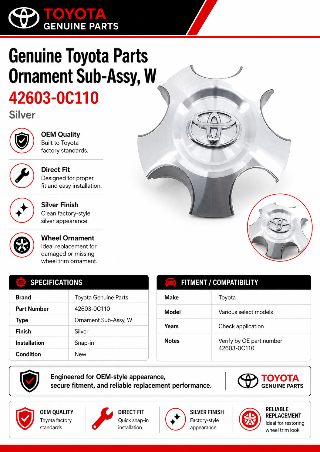 Toyota 42603-0C110 Genuine Ornament Sub-Assembly