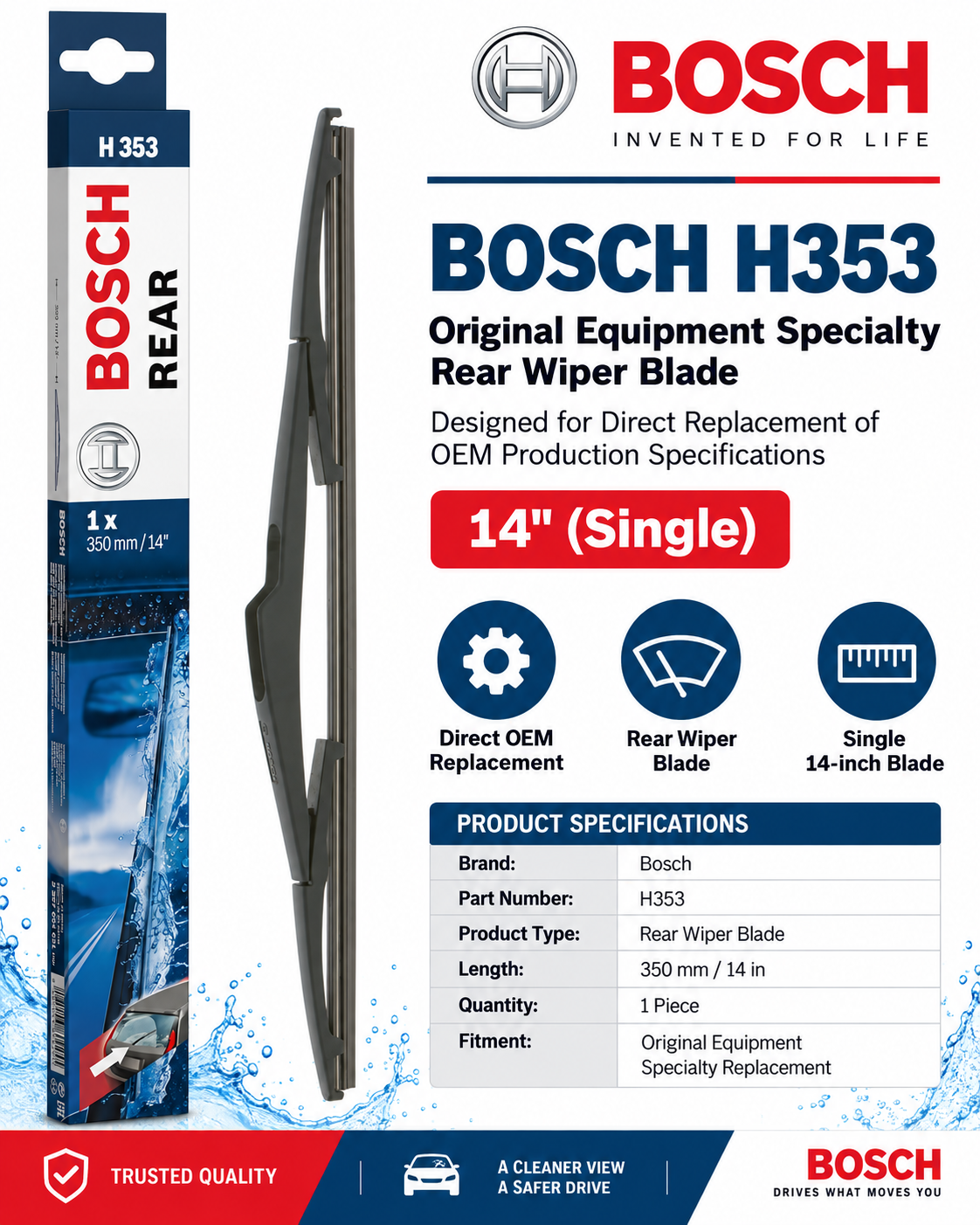 BOSCH H353 Original Equipment Specialty Rear Wiper Blade — 14" (Single)