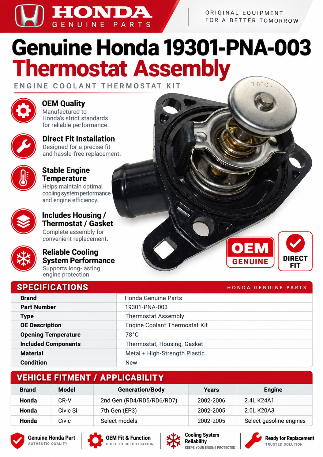 Honda 19301-PNA-003 Genuine Thermostat Assembly