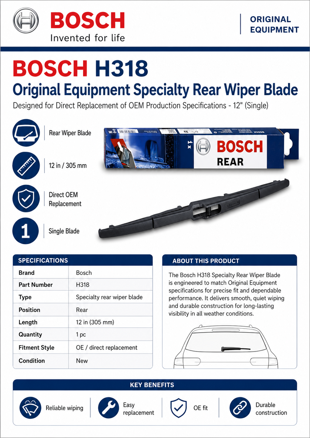 BOSCH H318 Original Equipment Specialty Rear Wiper Blade— 12" (Single)