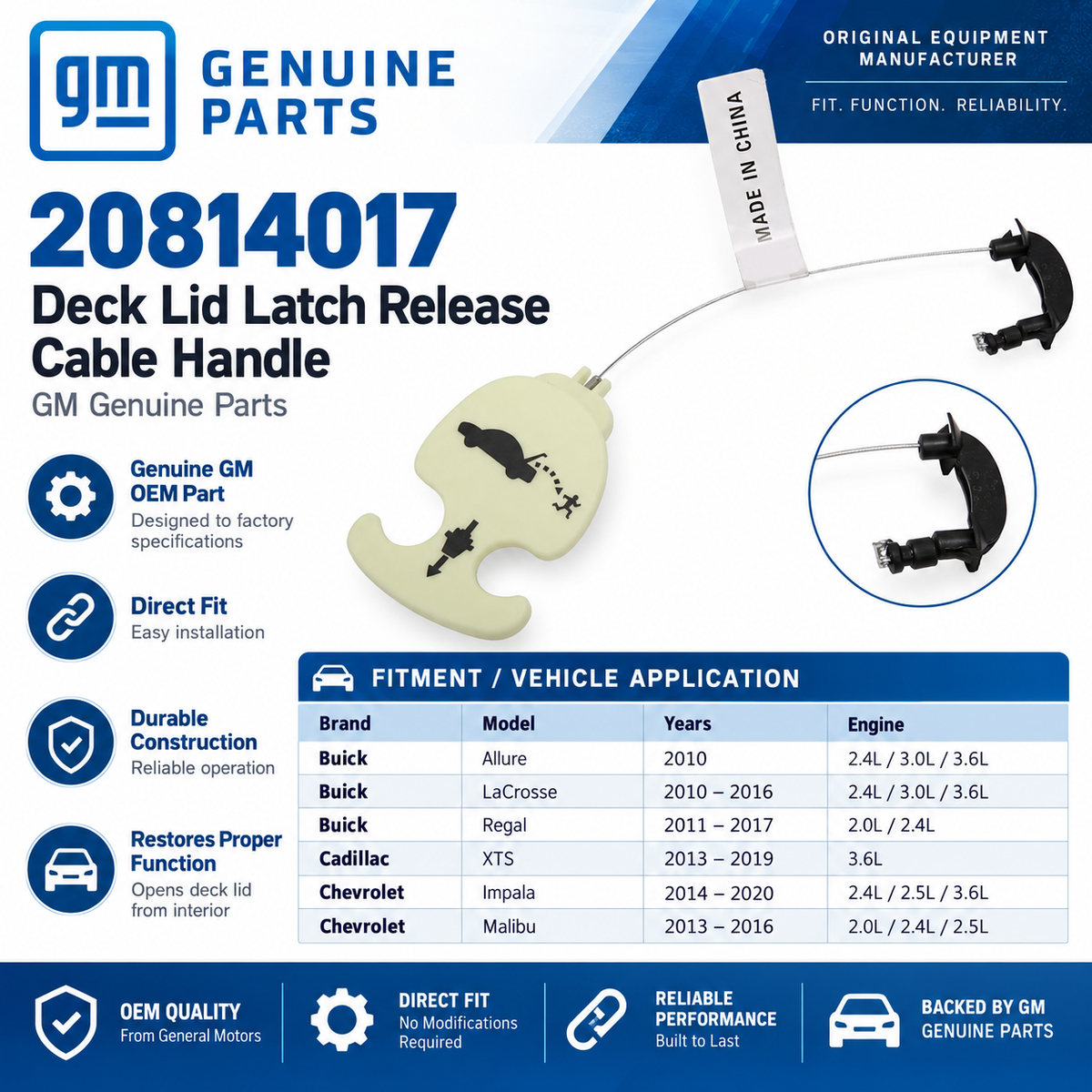 GM Genuine Parts 20814017 Deck Lid Latch Release Cable Handle