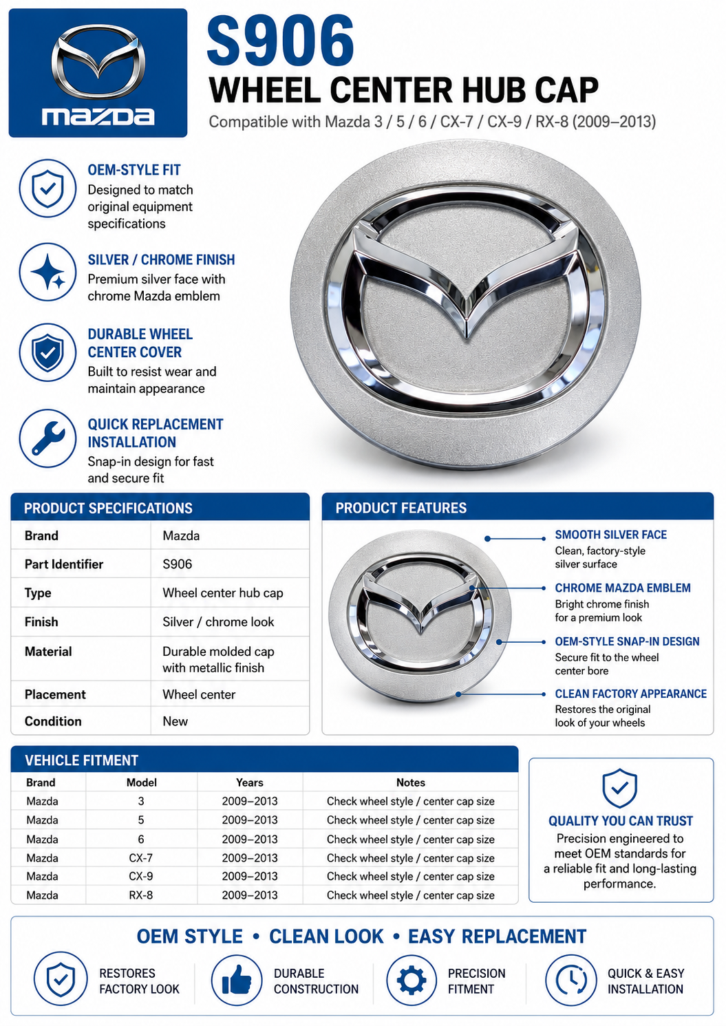 09-13 Mazda 3 5 6 CX-7 CX-9 RX-8 Wheel Center Hub Cap 2009 2010 2011 2012 #S906