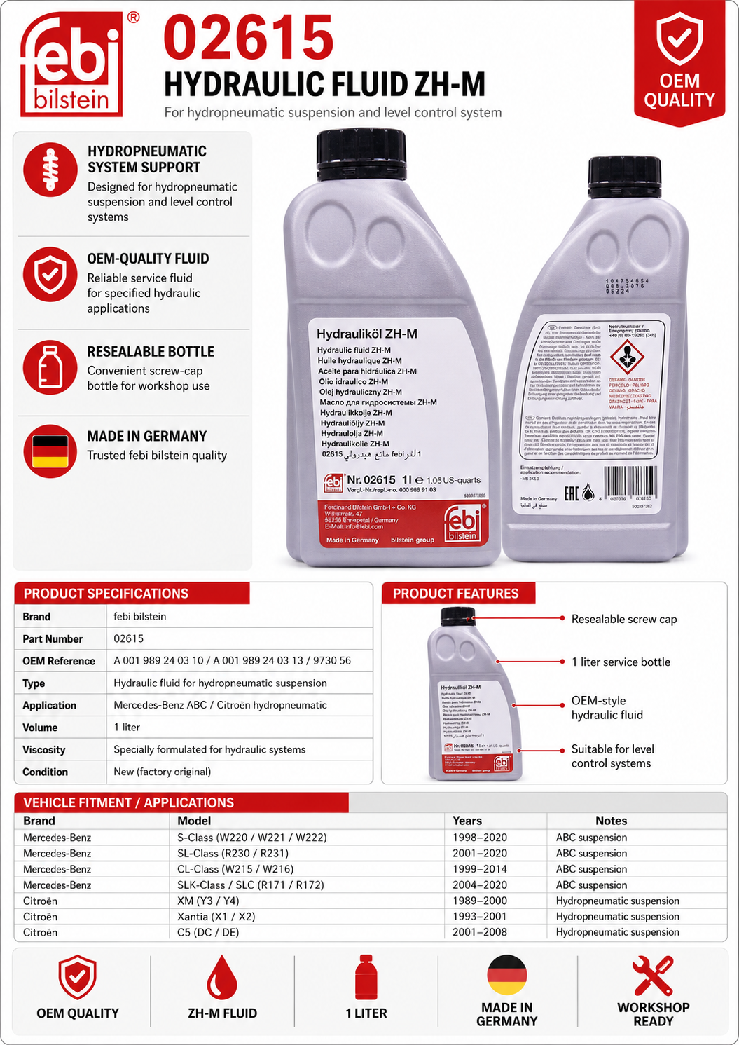 febi bilstein 02615 Hydraulic Fluid for hydropneumatic Suspension and Level Control System, Pack of one