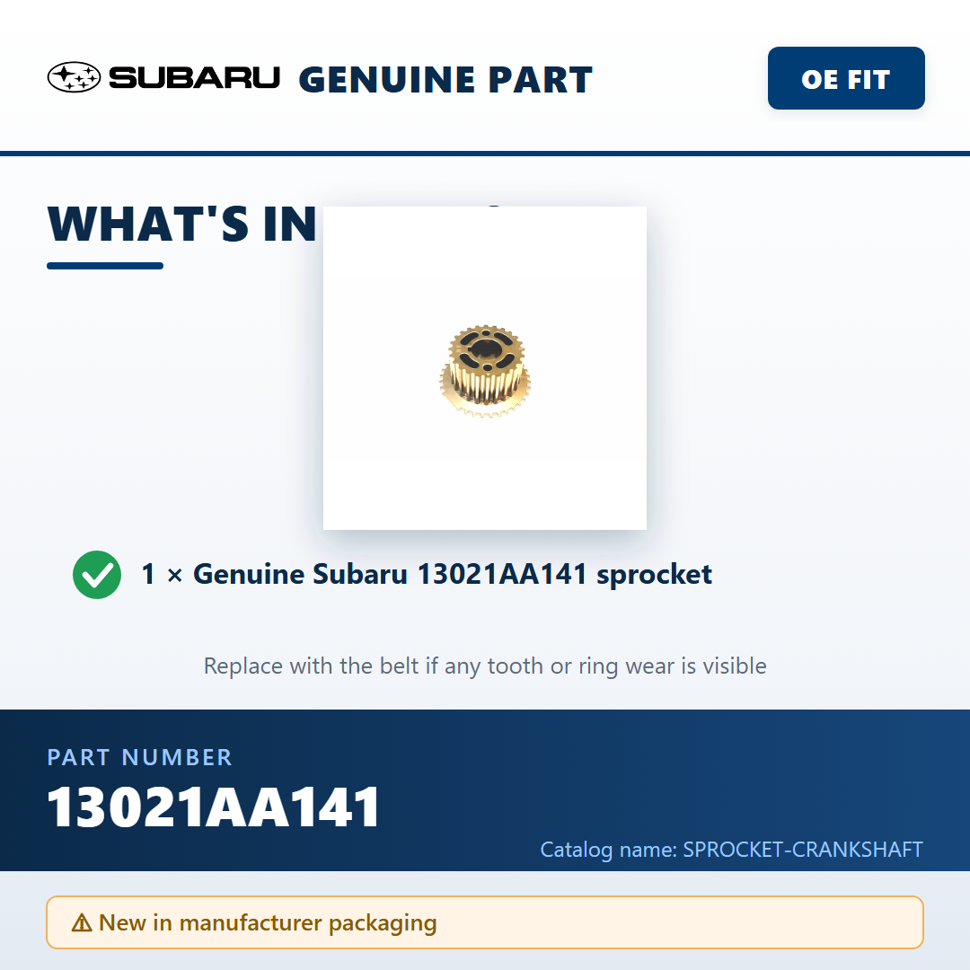 Subaru 13021AA141 crankshaft sprocket — package contents infographic