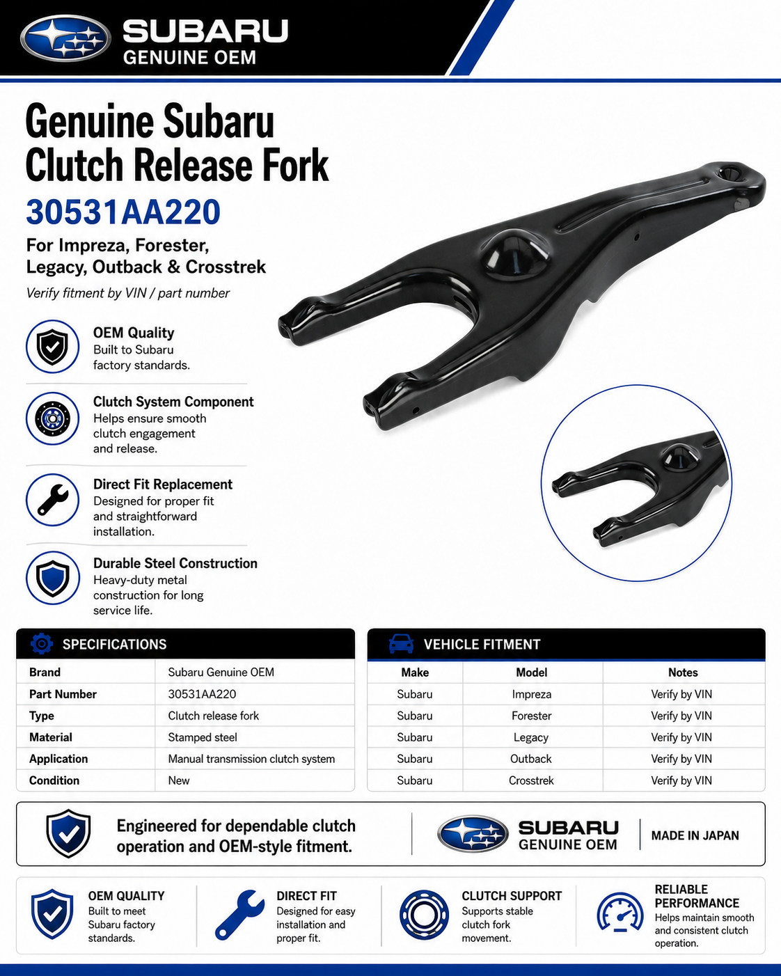 Subaru 30531AA220  Genuine  Clutch Release Fork