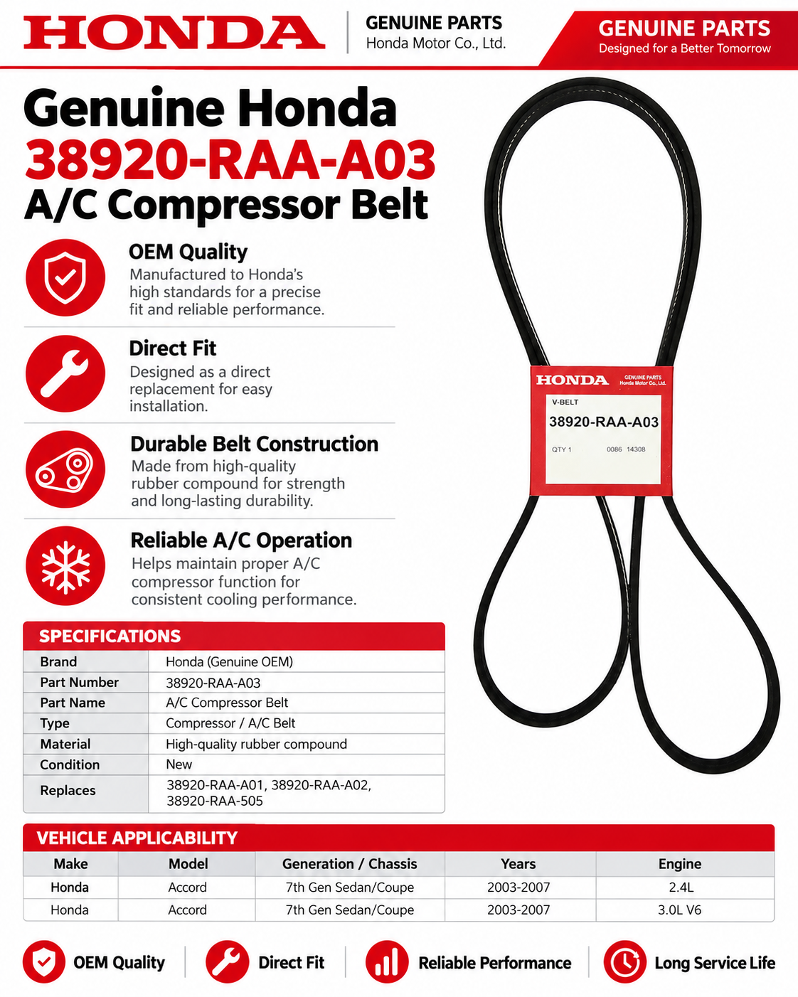 Honda Genuine 38920-RAA-A03 A/C Compressor Belt