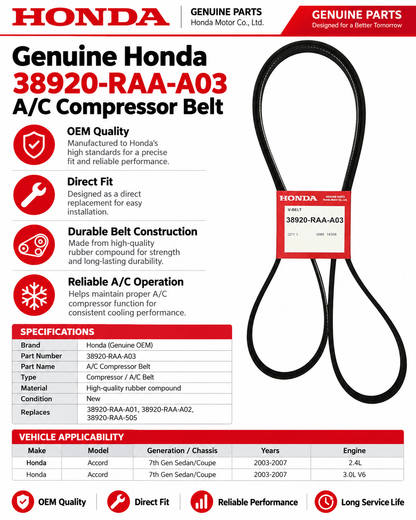 Honda Genuine 38920-RAA-A03 A/C Compressor Belt