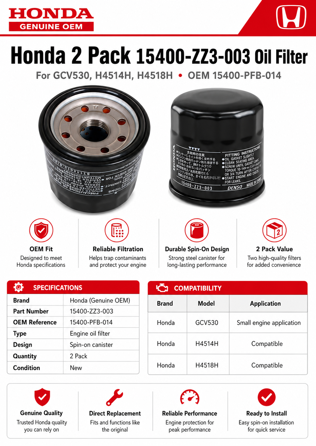 Honda 15400-ZZ3-003 / 15400-PFB-014  Genuine  Oil Filter (2 Pack)
