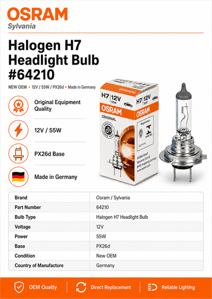 Osram / Sylvania Halogen H7 Headlight Bulb # 64210— NEW OEM - 12V / 55W / PX26d