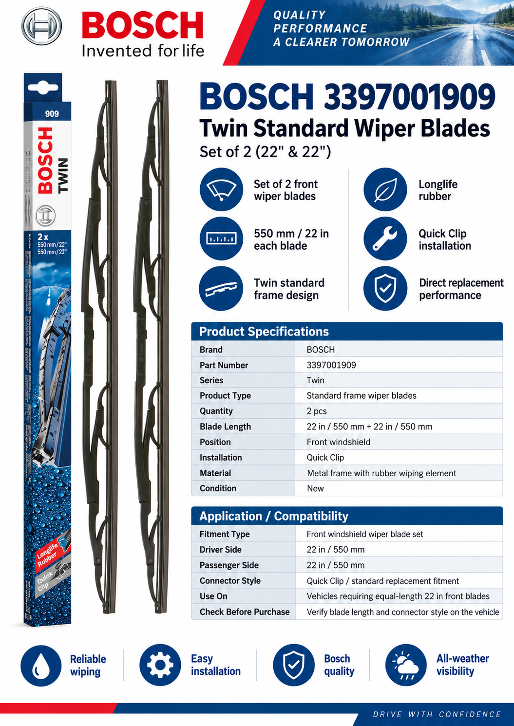 BOSCH 3397001909 Twin Standard Wiper Blades — Set of 2 (22" Driver / 22" Passenger)