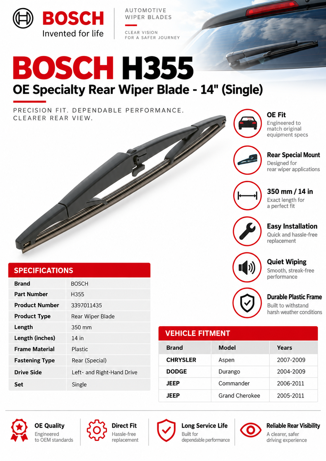 Bosch H355 OE Specialty Rear Wiper Blade
