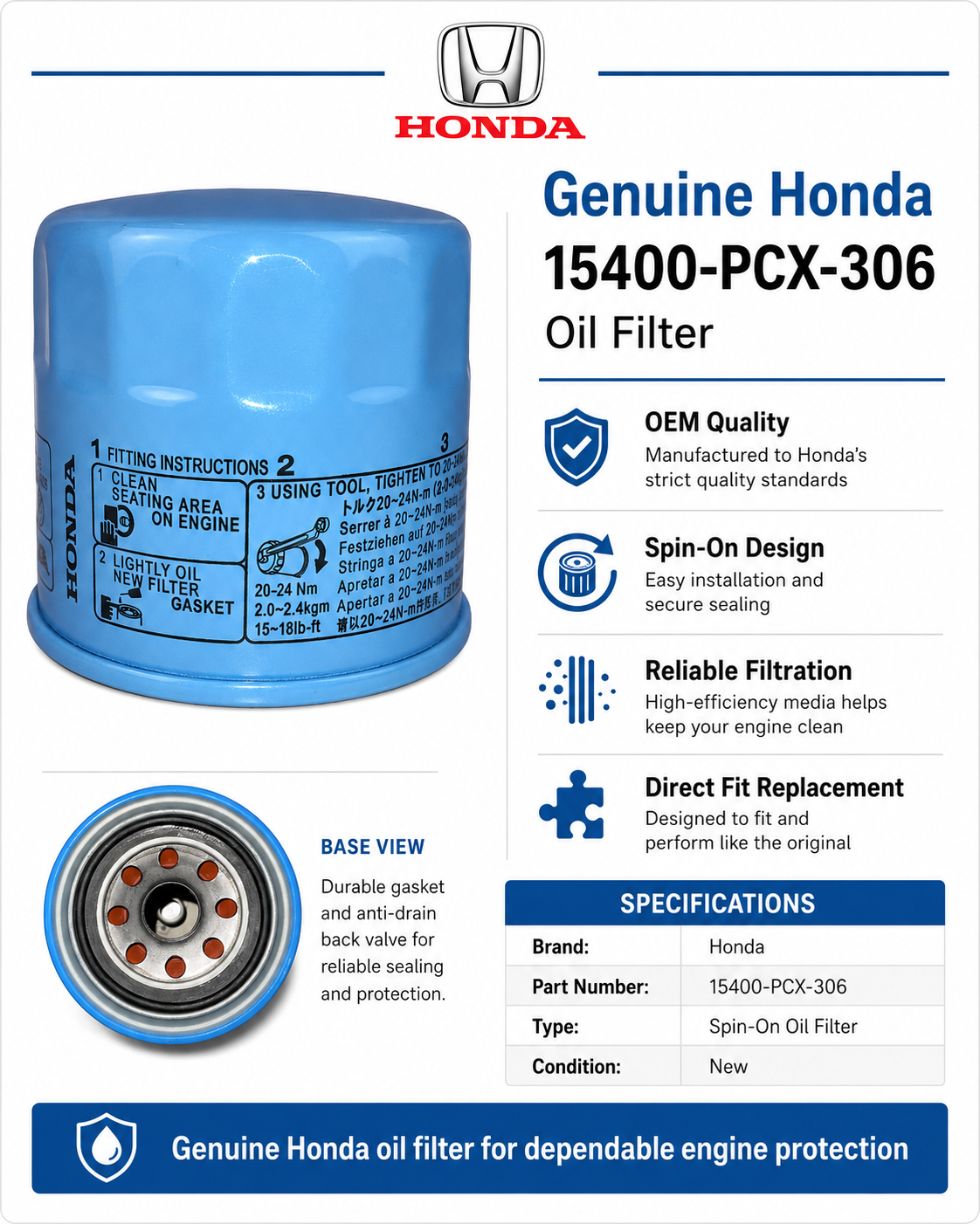 Genuine Honda Oil Filter 15400-PCX-306