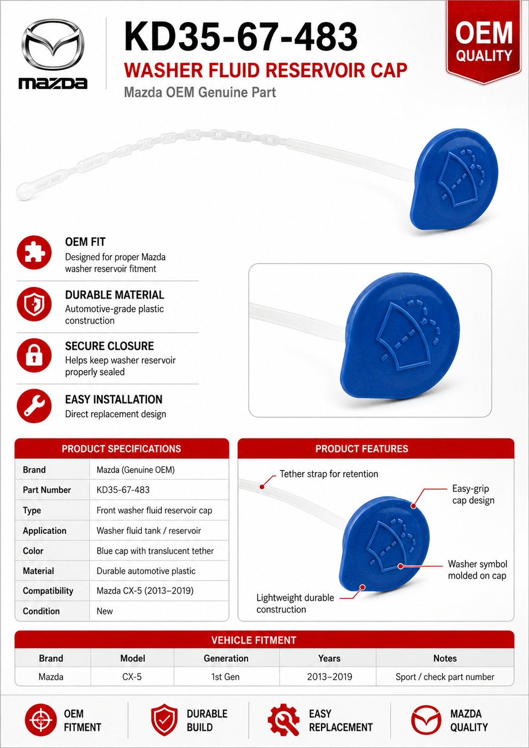 Mazda OEM New 13-2019 Compatible CX-5 Sport Front Washer Fluid Reservoir Compatible with Cap Tank KD3567483