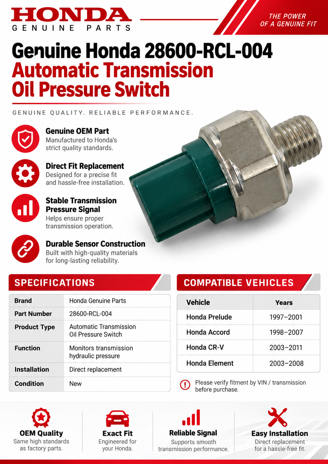 Honda 28600-RCL-004 Genuine  Automatic Transmission Oil Pressure Switch