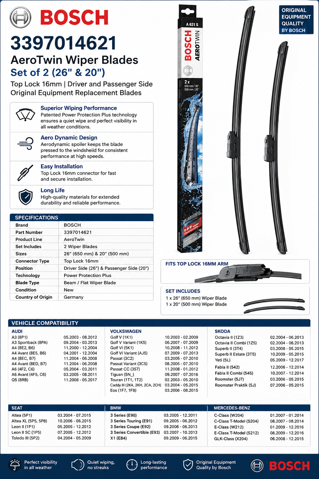 BOSCH 3397014621 AeroTwin Wiper Blades — Set of 2 (26" Driver / 20" Passenger)