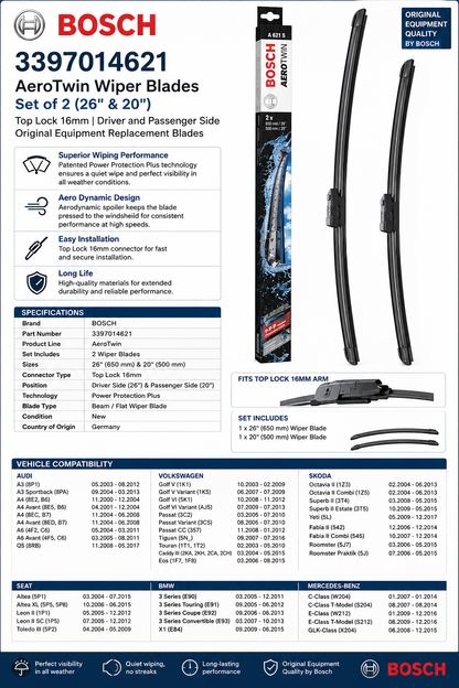 BOSCH 3397014621 AeroTwin Wiper Blades — Set of 2 (26" Driver / 20" Passenger)