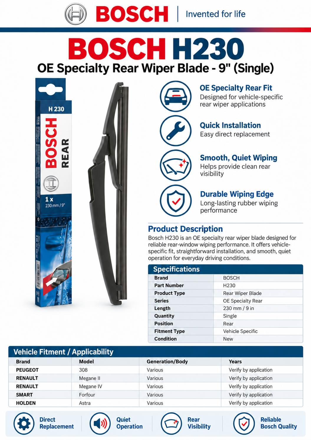 Bosch H230 OE Specialty Rear Wiper Blade