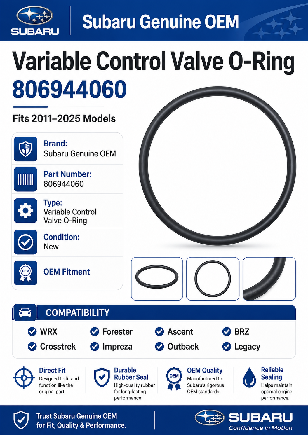 Subaru 2011-2025 Variable Control Valve O-Ring WRX Forester Ascent BRZ Crosstrek Impreza Outback WRX Legacy 806944060 Genuine OEM