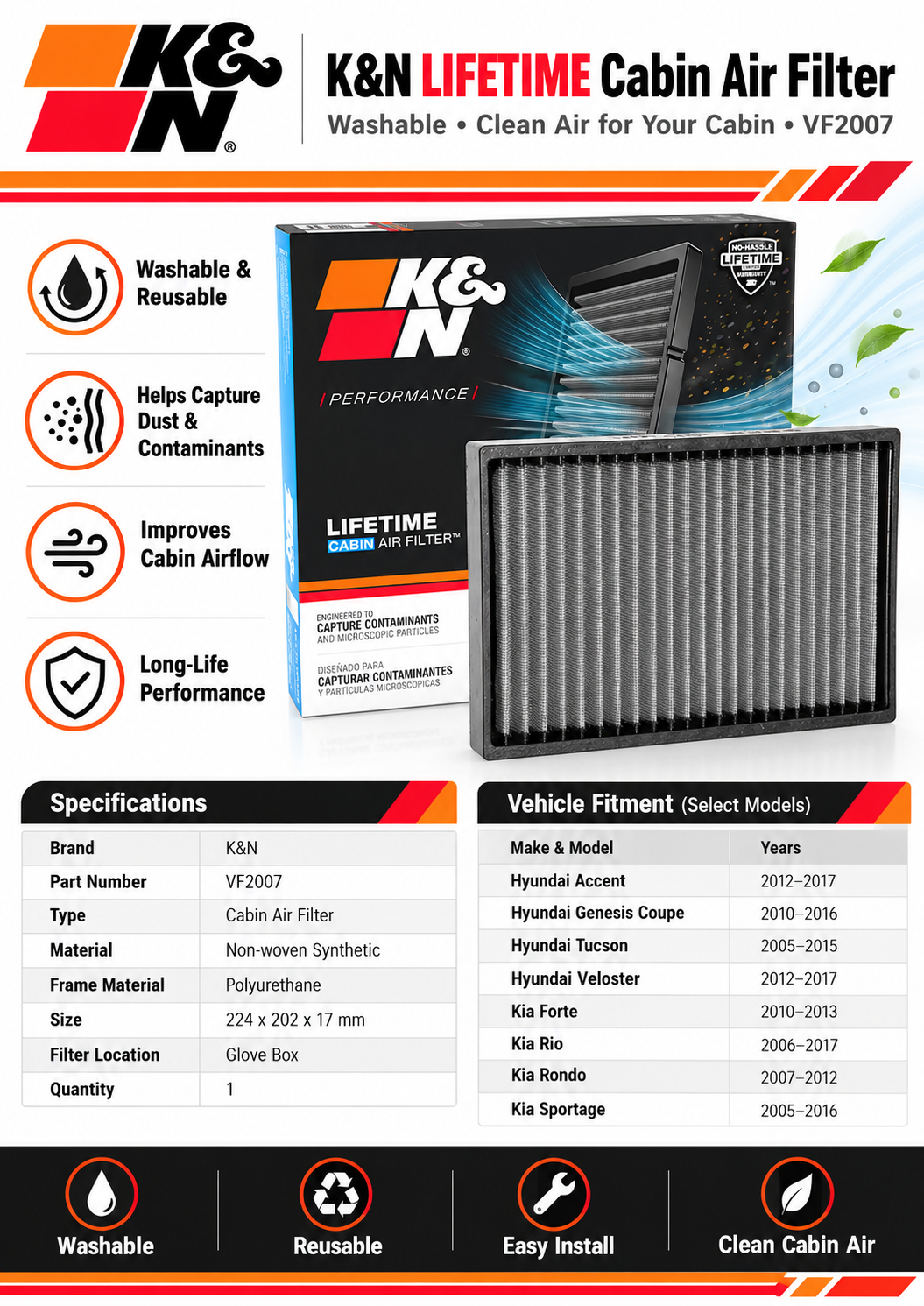 K&N VF2007 Lifetime Cabin Air Filter