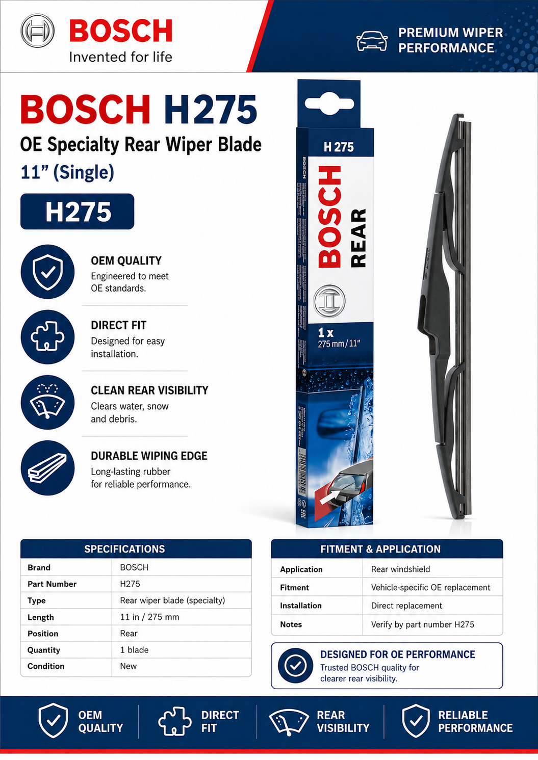 BOSCH H275 OE Specialty Rear Wiper Blade — 11" (Single)&nbsp;