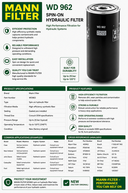 Mann Filter WD962 Spin-On Hydraulic Filter