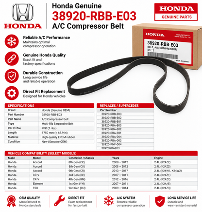 Honda Genuine 38920-RBB-E03 A/C Compressor Belt