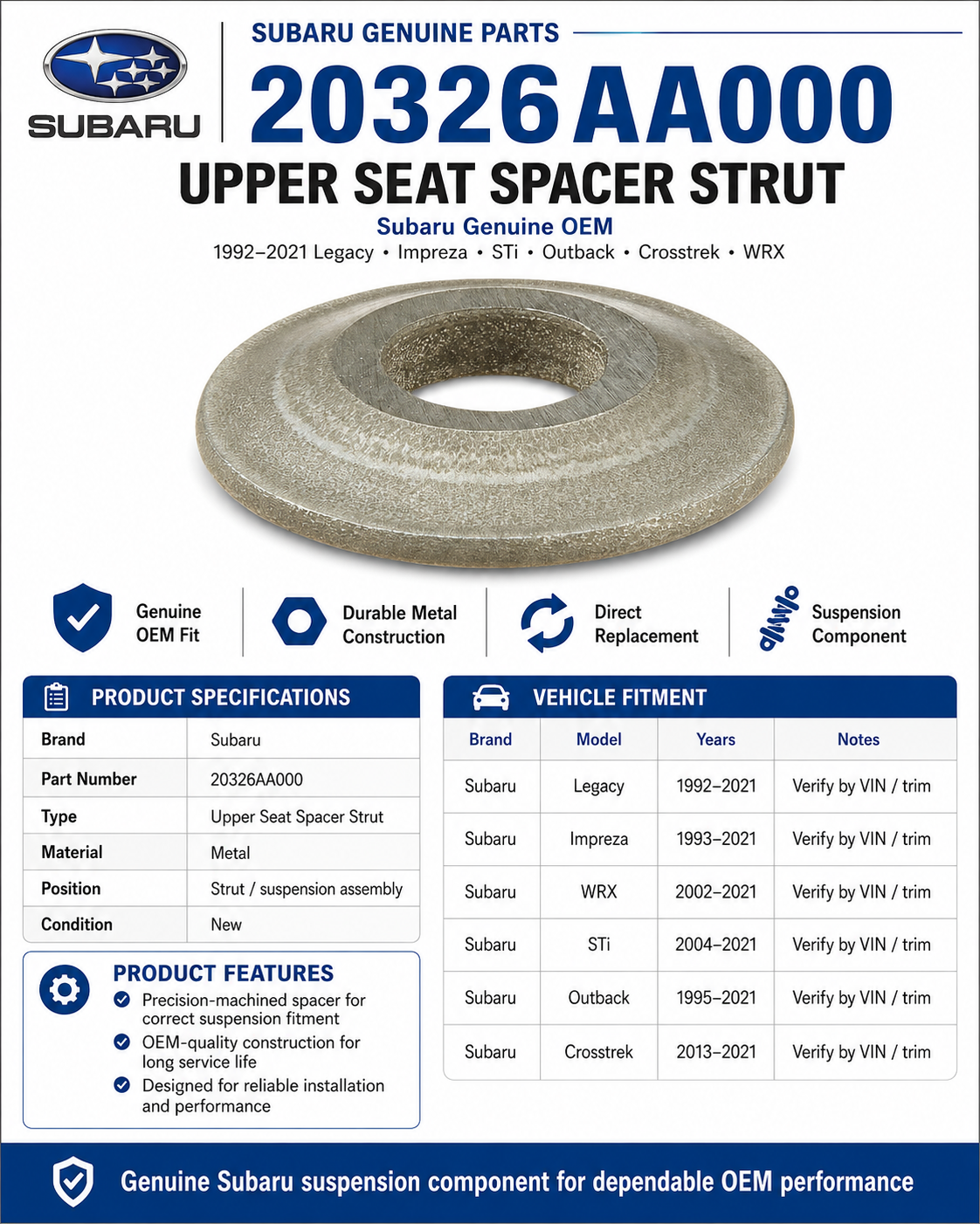 Subaru 20326AA000   Genuine  Upper Seat Spacer Strut
