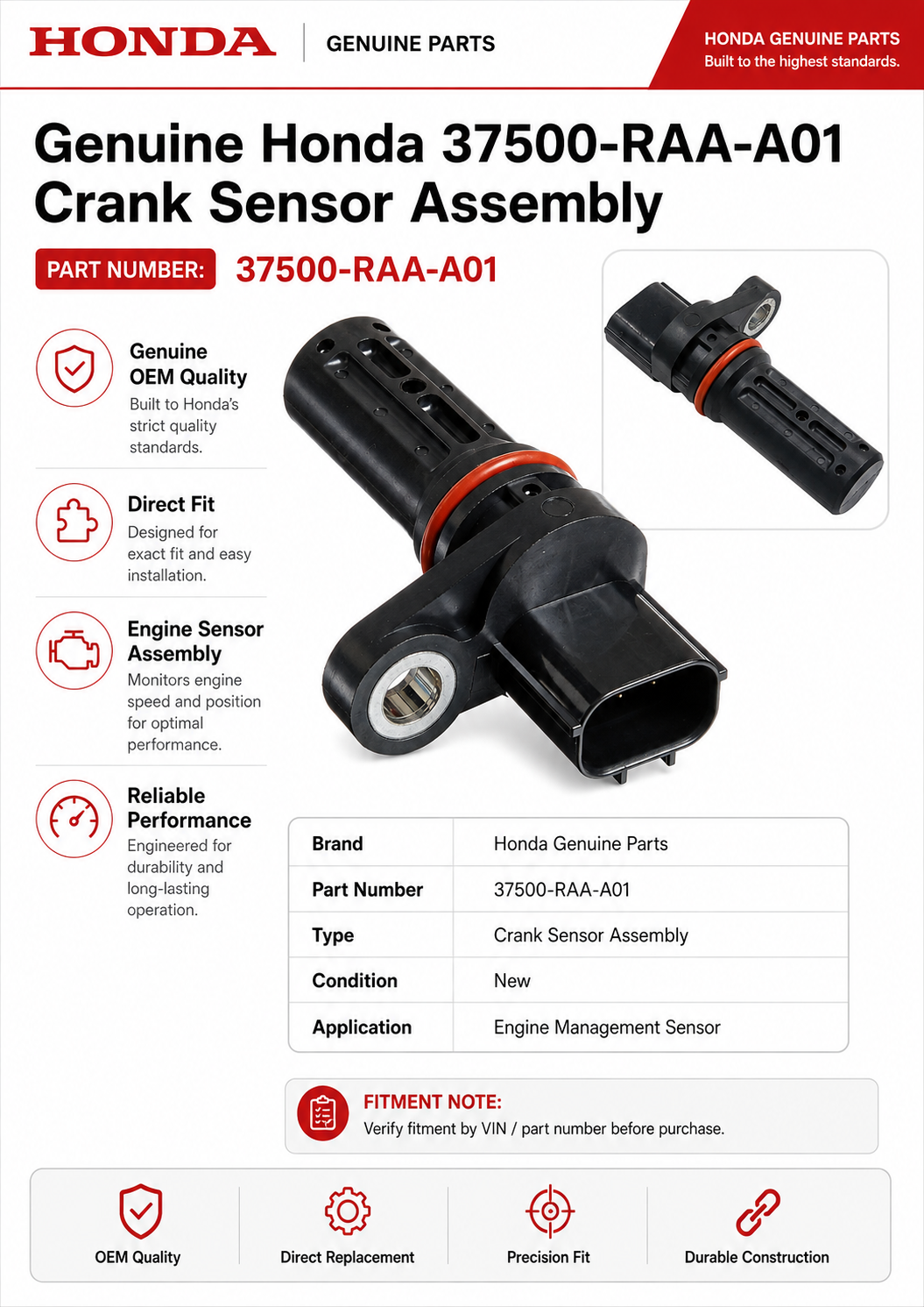 Honda 37500-RAA-A01  Genuine  Crank Sensor Assembly
