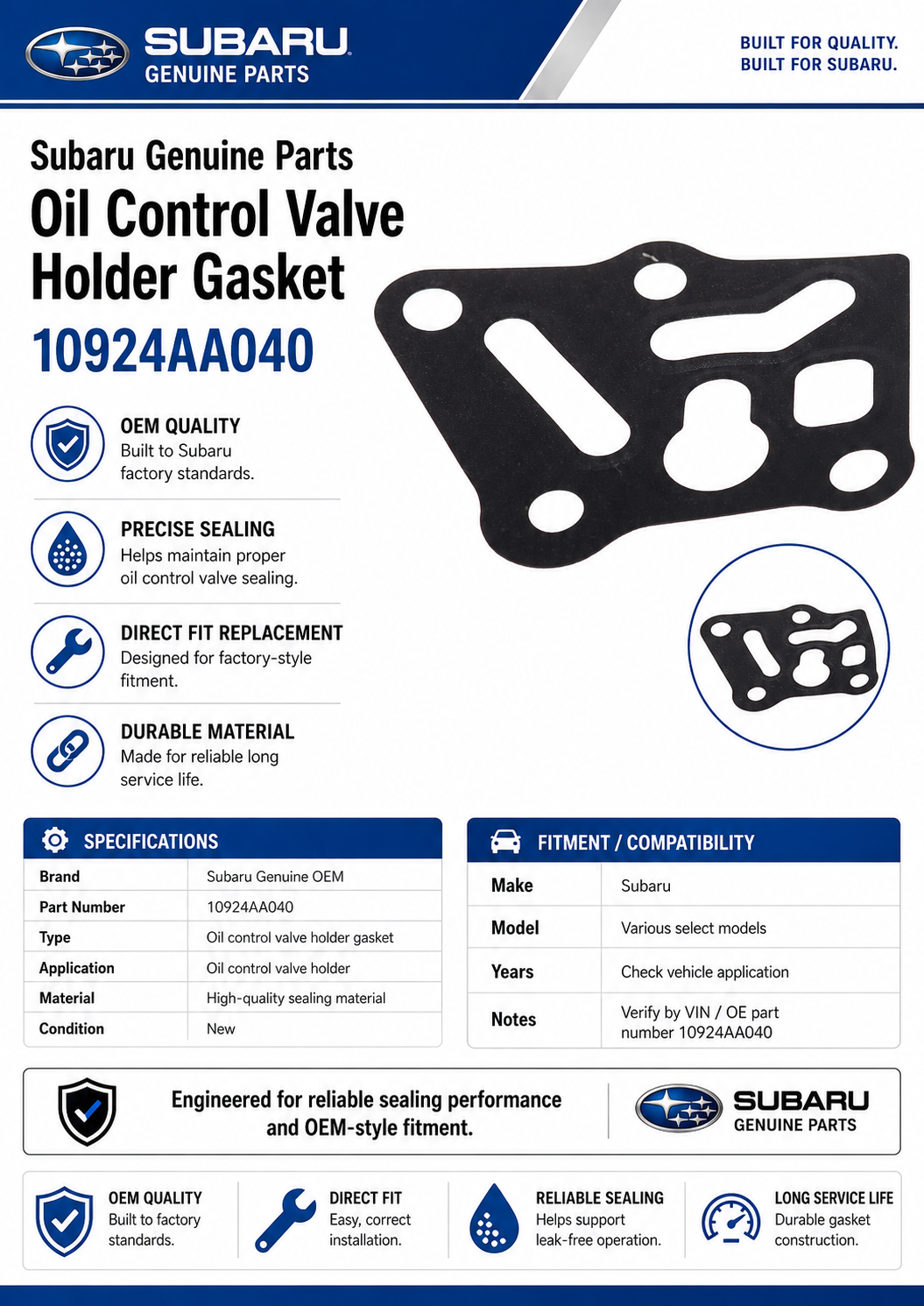 Subaru 10924AA040   Genuine  Oil Control Valve Holder Gasket