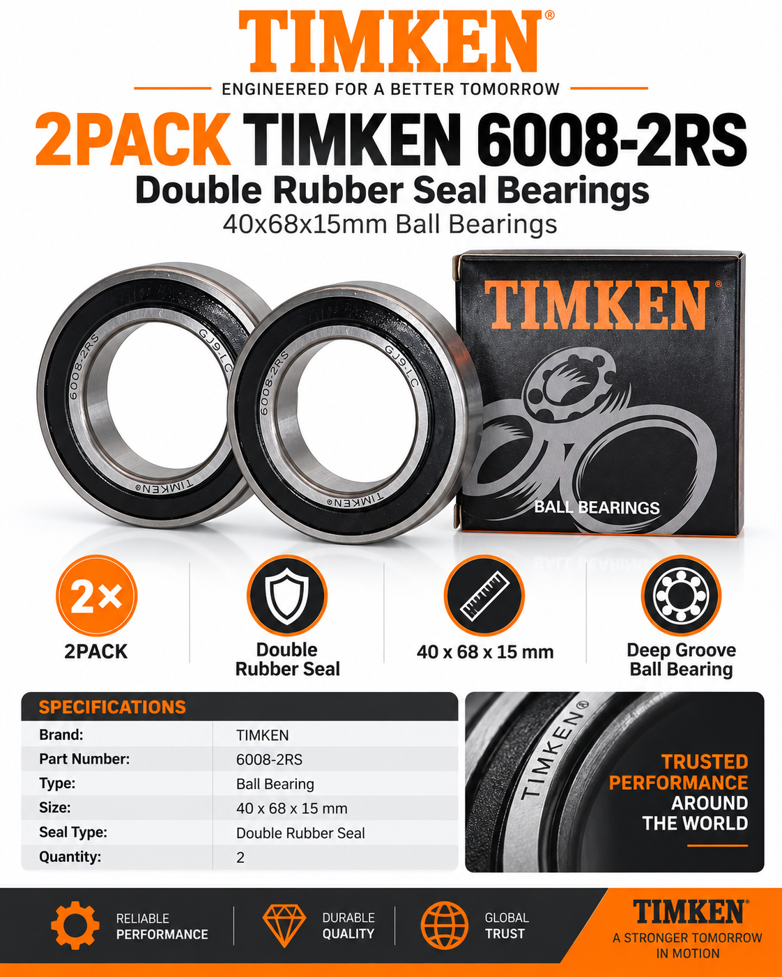 TIMKEN 6008-2RS Double Rubber Seal Bearings — 40x68x15 mm (Pack of 2)