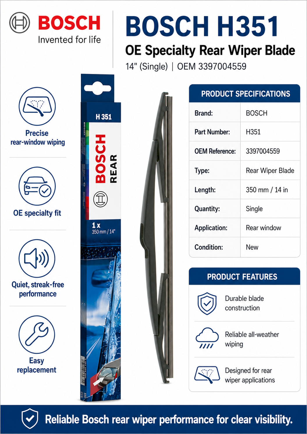 BOSCH H351 OE Specialty Rear Wiper Blade — 14" (Single)