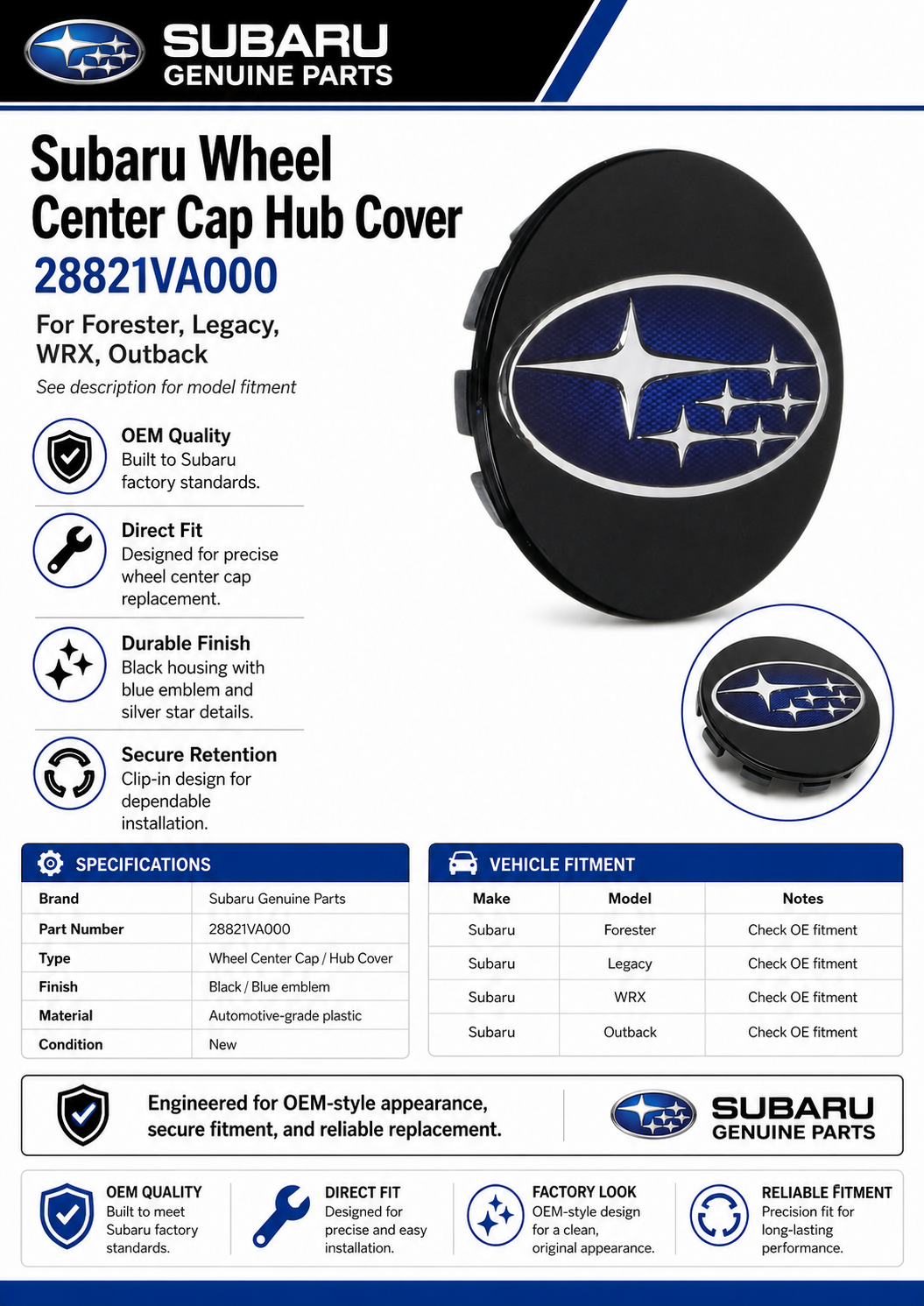 Subaru 28821VA000   Genuine  Wheel Center Cap Hub Cover