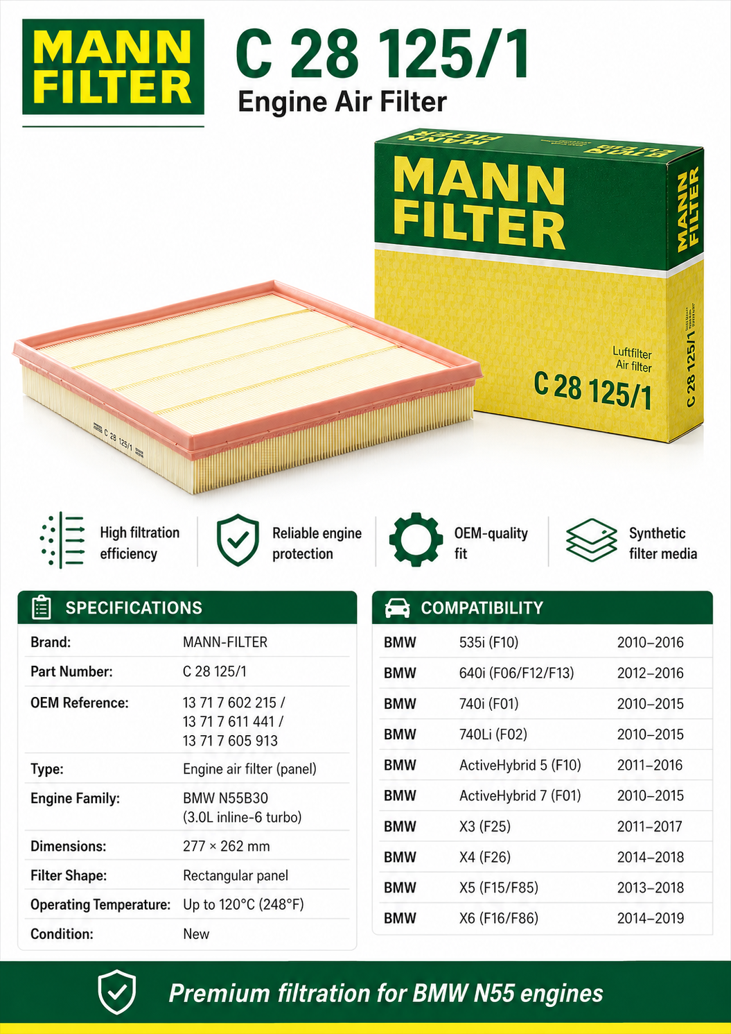 Mann Filter C 28 125/1 Engine Air Filter Replacement Compatible With BMW 535i, 640i, 740i, 740Li, ActiveHybrid 5, ActiveHybrid 7, X3, X4, X5, X6