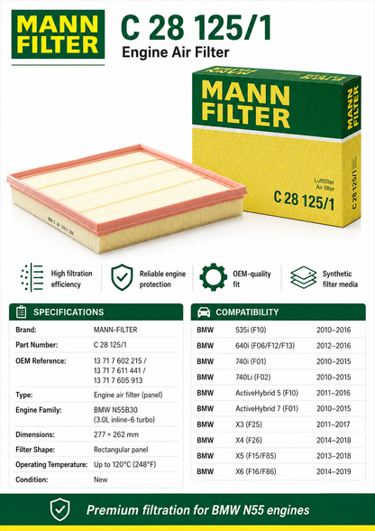 Mann Filter C 28 125/1 Engine Air Filter Replacement Compatible With BMW 535i, 640i, 740i, 740Li, ActiveHybrid 5, ActiveHybrid 7, X3, X4, X5, X6