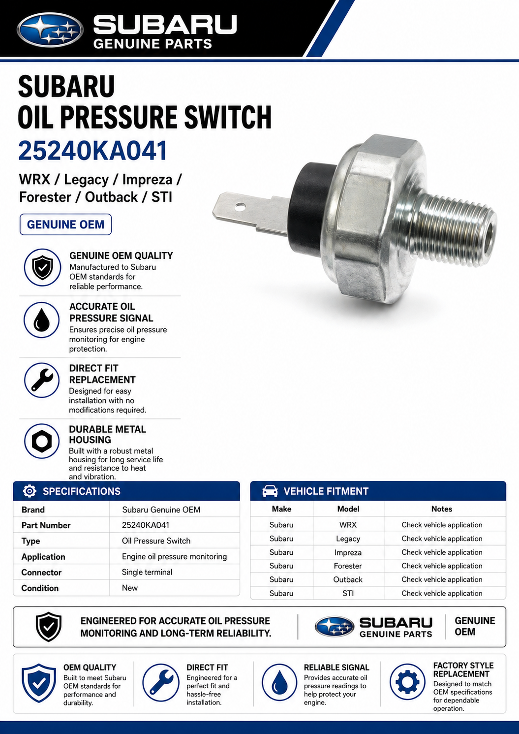 Subaru 25240KA041  Genuine  Oil Pressure Switch