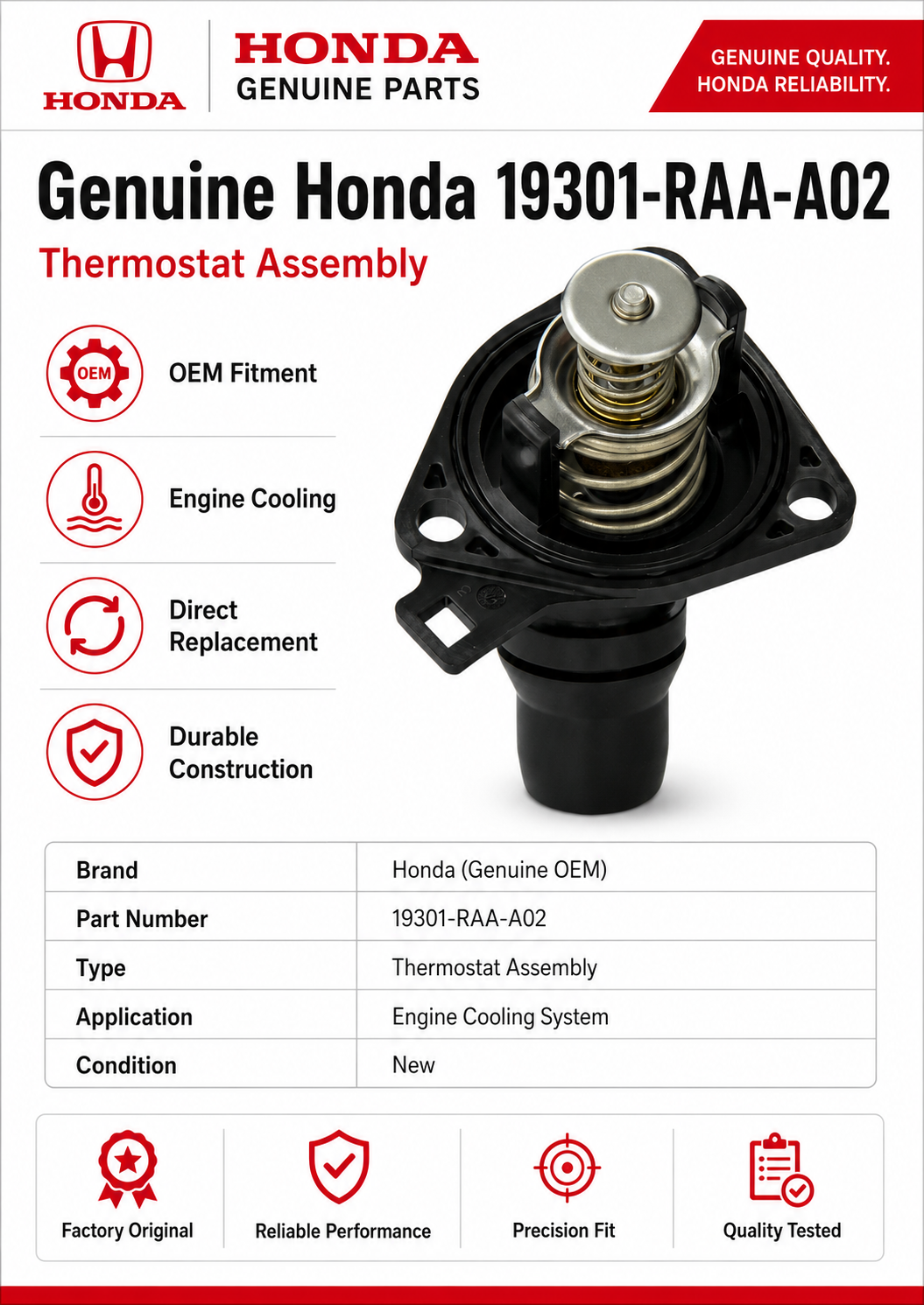 Honda 19301-RAA-A02  Genuine  Thermostat Assembly