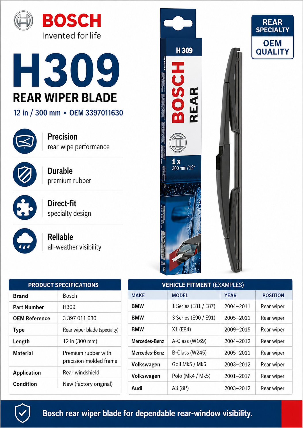 Bosch H309 Wiper Blade — 12" (Single)