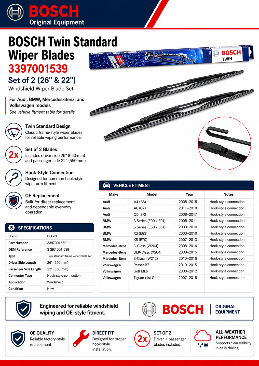 BOSCH 3397001539 Twin Standard Wiper Blades — Set of 2 (26" Driver / 22" Passenger)