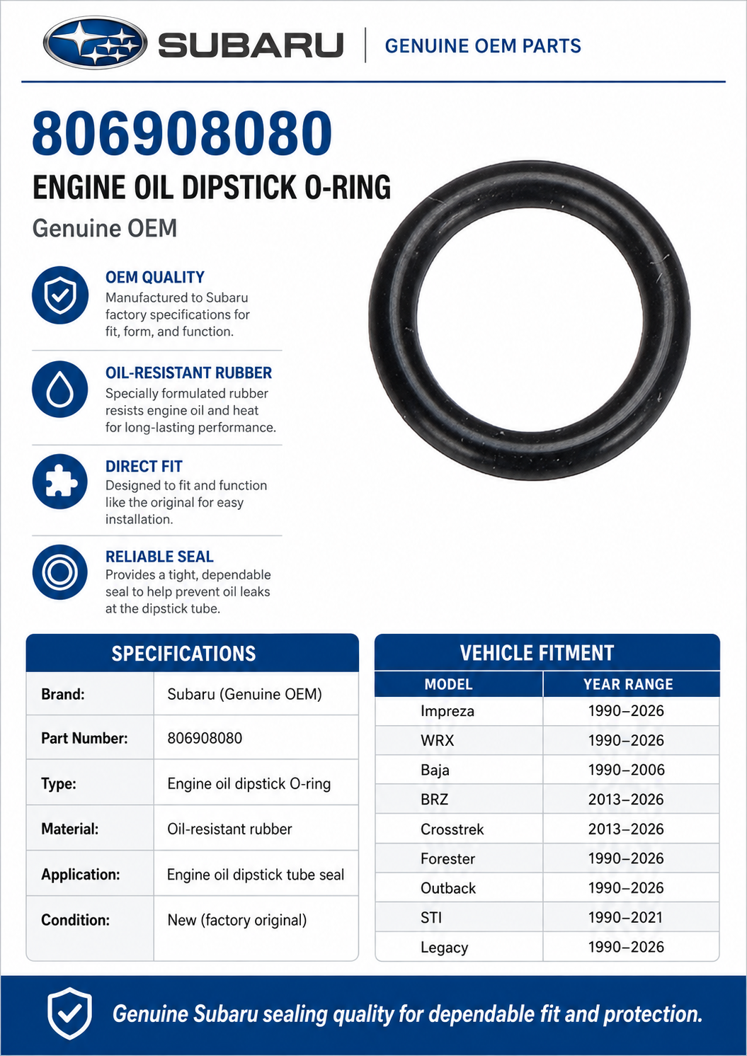 Subaru 1990-2026 Engine Oil Dipstick O-Ring Impreza WRX Baja BRZ Crosstrek Forester Outback STI Legacy 806908080 Genuine OEM