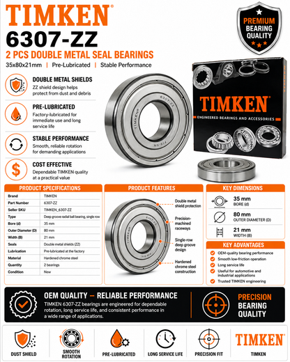 TIMKEN 6307-ZZ 2 Pcs Double Metal Seal Bearings 35x80x21mm, Pre-Lubricated and Stable Performance and Cost Effective, Deep Groove Ball Bearings.
