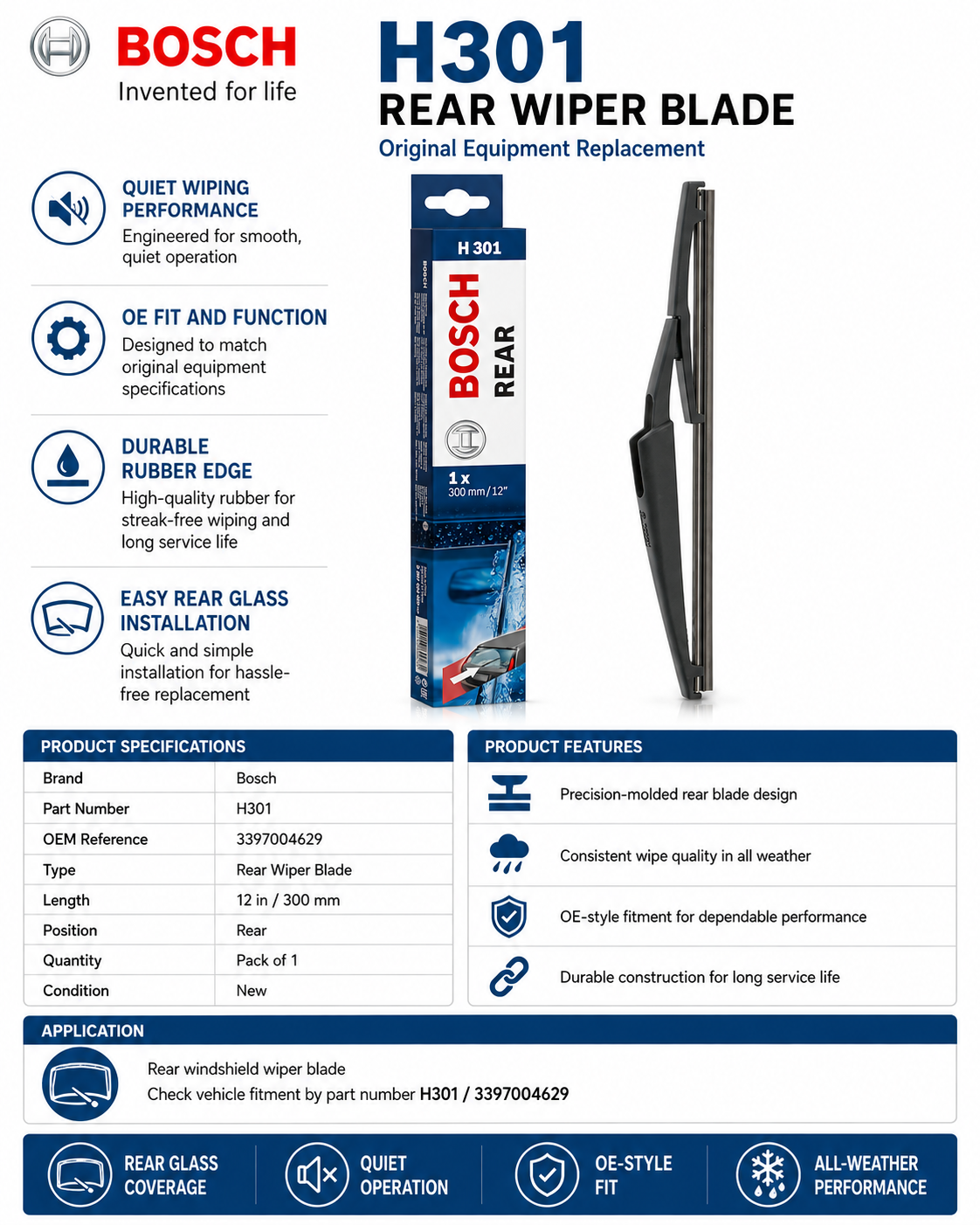 Bosch H301 Rear Wiper Blade — 12" (Single)