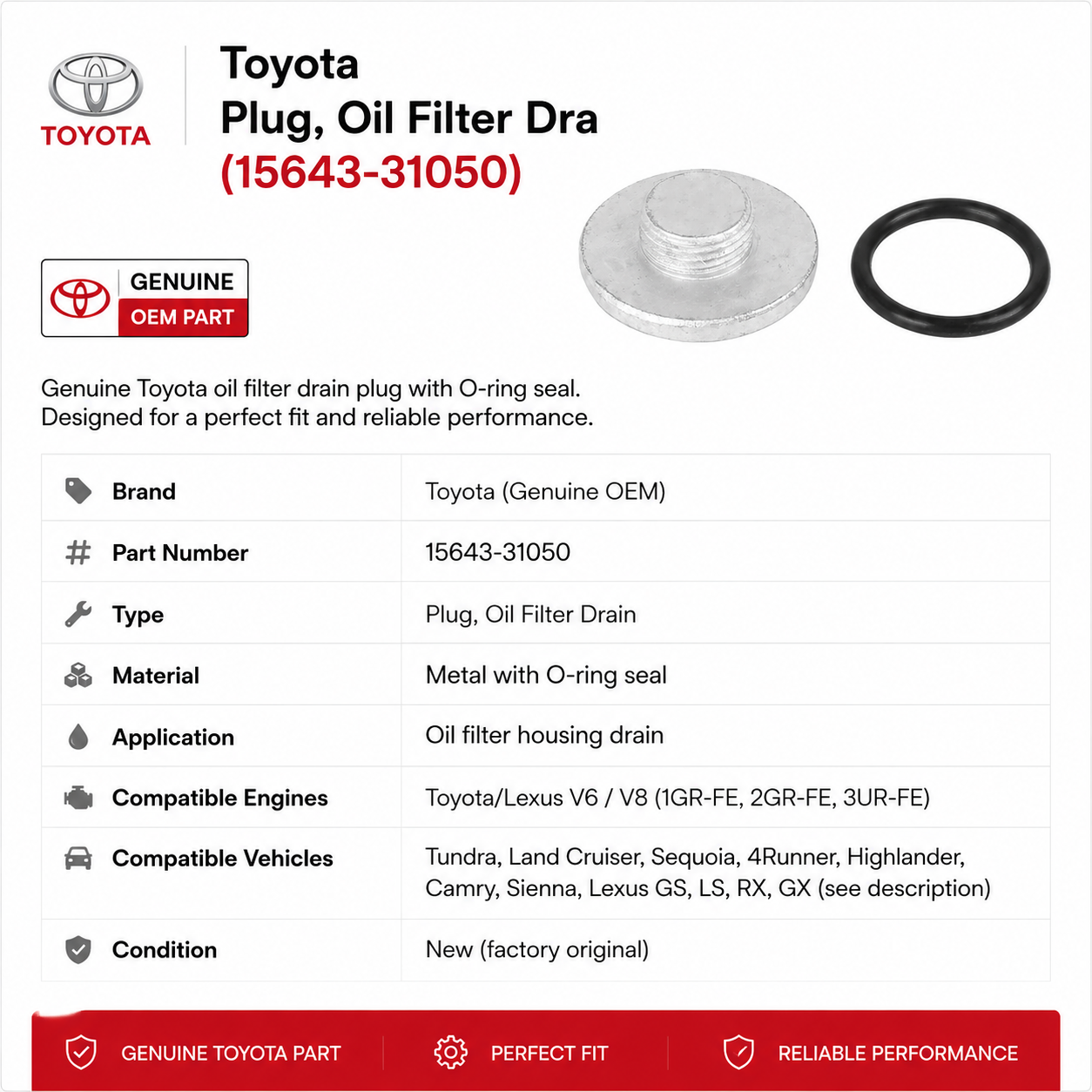 Toyota - Plug, Oil Filter Dra (15643-31050)