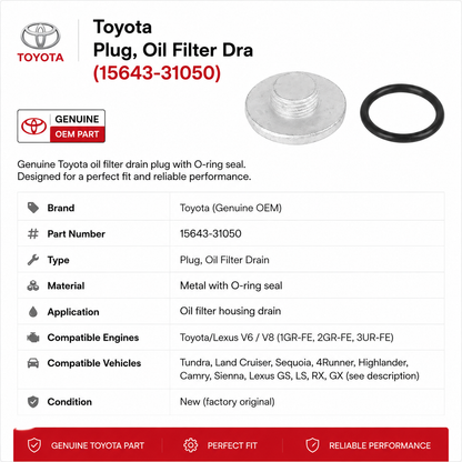 Toyota - Plug, Oil Filter Dra (15643-31050)